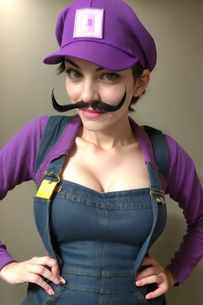 This is a picture of a young woman dressed in a Waluigi cosplay. She is wearing a purple hat with a yellow "W" on it, a purple shirt, and blue overalls. She has a fake mustache on and her hair is short and brown. She is smiling at the camera.