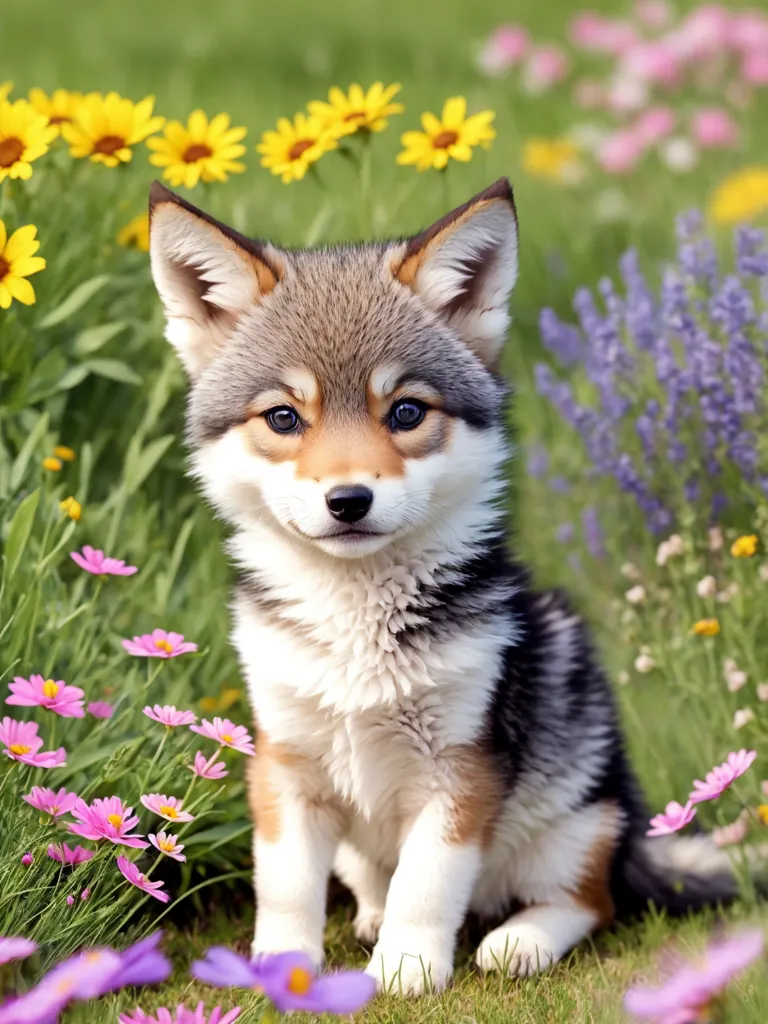 La imagen muestra un pequeño lobo sentado en un campo de flores. El lobo mira a la cámara con la cabeza inclinada a un lado. Tiene un pelaje marrón y blanco con rayas negras en la cara. Las flores del campo son en su mayoría rosas y moradas, con algunas amarillas también. El lobo está sentado sobre un parche de hierba verde. El fondo de la imagen está desenfocado, pero parece que hay árboles a lo lejos.