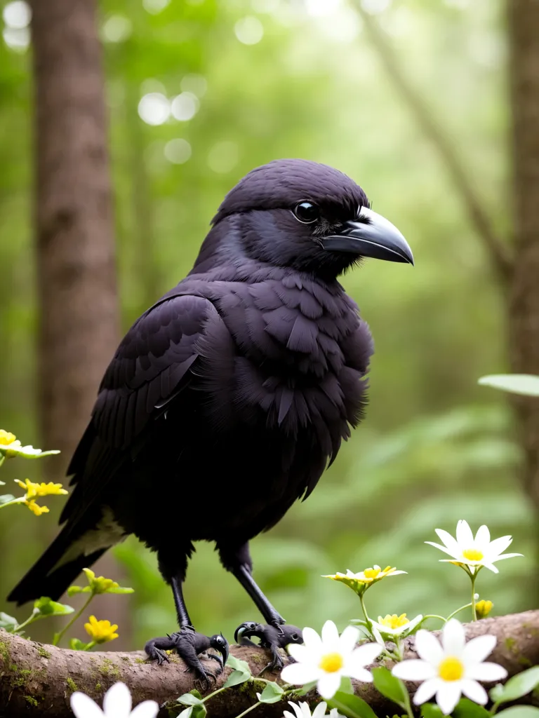 The image is a portrait of a crow with a white flower in its beak. The crow is standing on a branch in front of a green background. The crow is black with a glossy sheen. The white flower is a daisy. The daisy has white petals and a yellow center. The crow is looking at the camera with its head cocked to the side. The image is taken in a close-up view, which makes the crow appear larger than life.