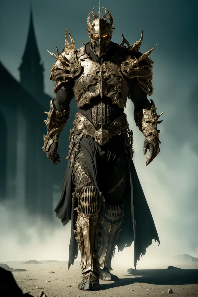 The image is of a tall, muscular man in full plate armor. The armor is black and gold, with intricate designs etched into the metal. The man's helmet is closed, and his face is obscured by a visor. He is carrying a large sword in his right hand, and a shield in his left hand. He is standing in a dark, ruined city. The sky is dark and cloudy, and there is a hint of lightning in the distance.