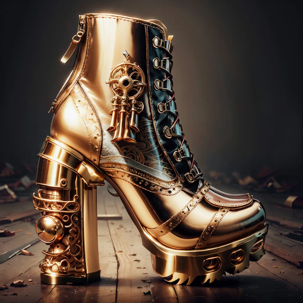 The image shows a steampunk-style boot. It is made of metal and has a gold finish. The boot has a high heel and a platform sole. The shaft of the boot is decorated with gears and other steampunk accessories. The boot is also has a zipper on the inside for easy access.