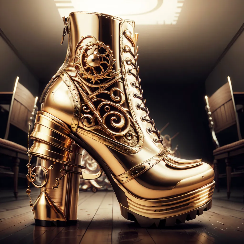 The image is a 3D rendering of a gold boot. The boot is highly detailed, with intricate engravings and gears. The boot is also very tall, with a heel that is about 12 inches high. The boot is sitting on a wooden floor, and there is a spotlight shining down on it. The background is a dark room with chairs.