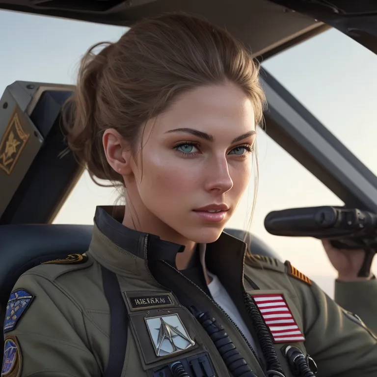 The image shows a young woman in a flight suit sitting in the cockpit of an aircraft. She has her hair in a ponytail, and her eyes are looking at the camera. There are various patches on her flight suit, including one that says \