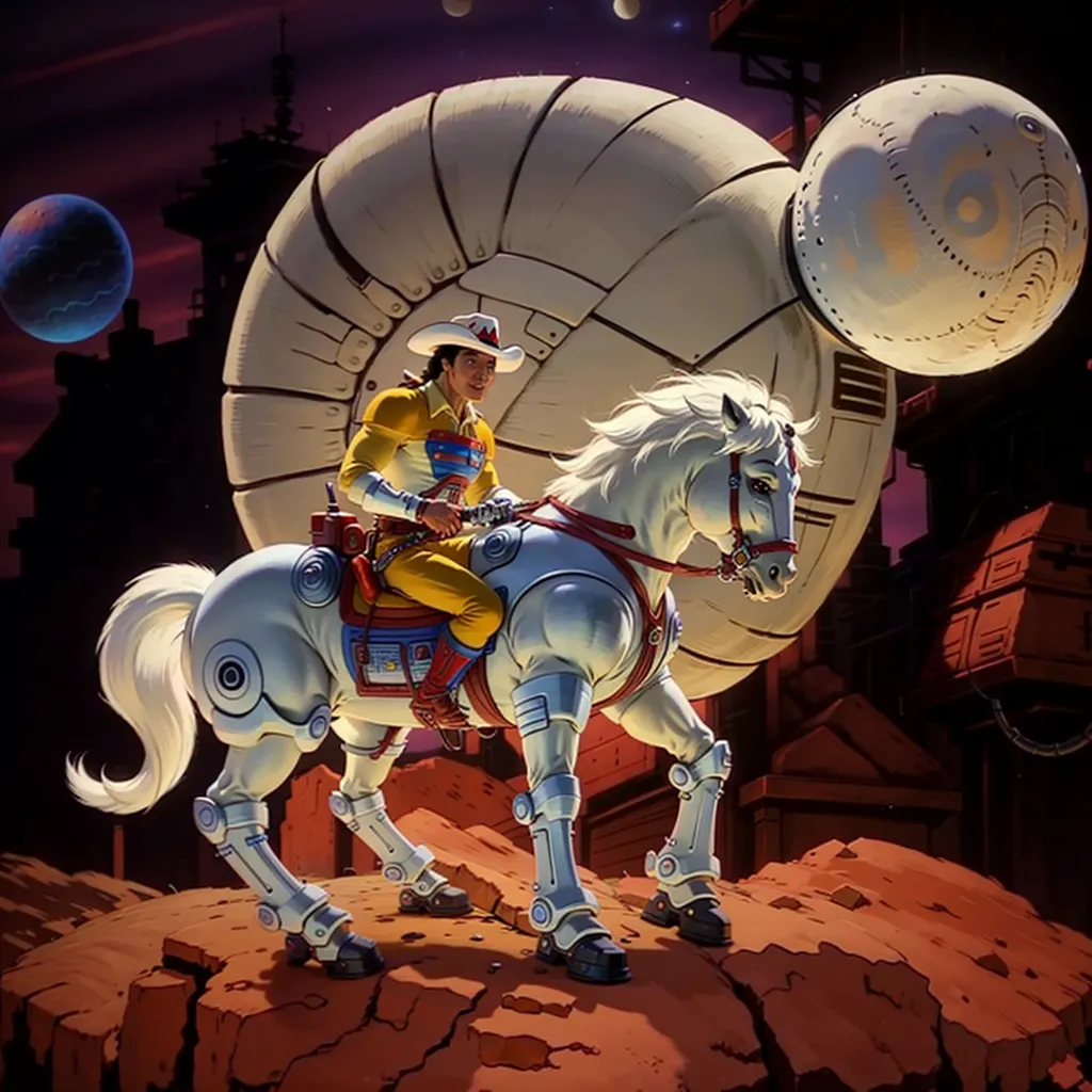 A cowboy is riding a white horse on a rocky moon-like landscape. The horse has cybernetic enhancements and the cowboy is wearing a futuristic outfit. In the background, there is a large white spaceship.