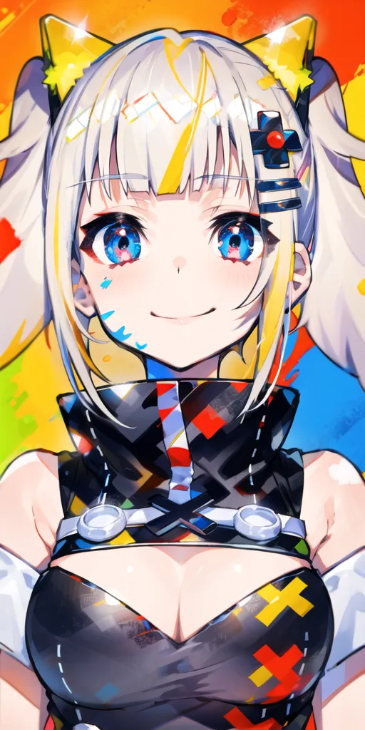 The image is a portrait of a young woman with white hair and blue eyes. She is wearing a black and yellow outfit with a colorful pattern. She has a yellow bow in her hair and cat ears. She is smiling and has a paintbrush in her hand. The background is a bright yellow color.