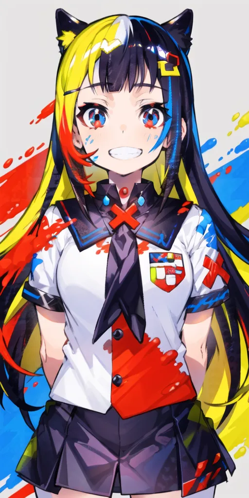 The image is a portrait of a young woman with cat ears. She has long, black and yellow hair. Her right eye is blue and her left eye is yellow. She is wearing a white shirt with a red and blue collar and a black skirt. She has a red and blue tie. She is smiling and has a happy expression on her face. There are paint splatters all around her.