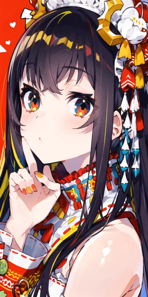 The picture shows a young girl with long black hair and orange eyes. She is wearing a traditional Chinese dress with red and white details and has a hairpin in her hair. She has her finger pressed to her lips in a shushing gesture.