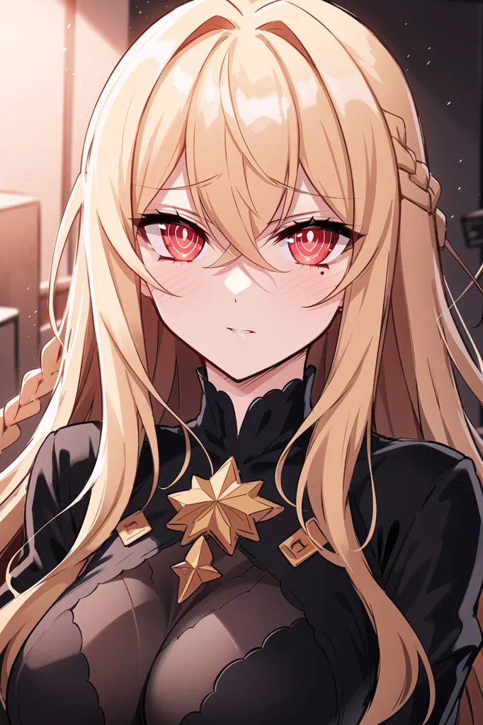 The image is a digital painting of a young woman with long, blonde hair and red eyes. She is wearing a black dress with a white collar and a gold star on her chest. The woman has a shy expression on her face and is looking at the viewer with her head tilted down. The background is a blur of light and dark colors.