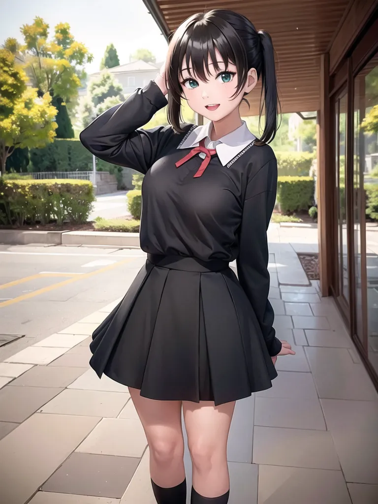 The image shows a young woman with long black hair and green eyes. She is wearing a black pleated skirt, a white blouse, and a black sweater. She is also wearing a red bow tie. She is standing in front of a building, and there are trees and bushes in the background.