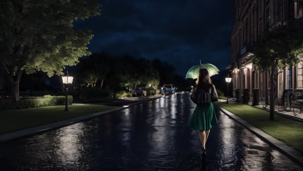 Une femme marche dans une rue mouillée la nuit. Elle porte une robe verte et une veste noire, et elle tient un parapluie vert. La rue est éclairée par des lampadaires, et les arbres se reflètent dans les flaques au sol. Il y a un bâtiment avec des lumières jaunes en arrière-plan. L'image est sombre et morose, et elle capture le sentiment d'être seul dans une grande ville.