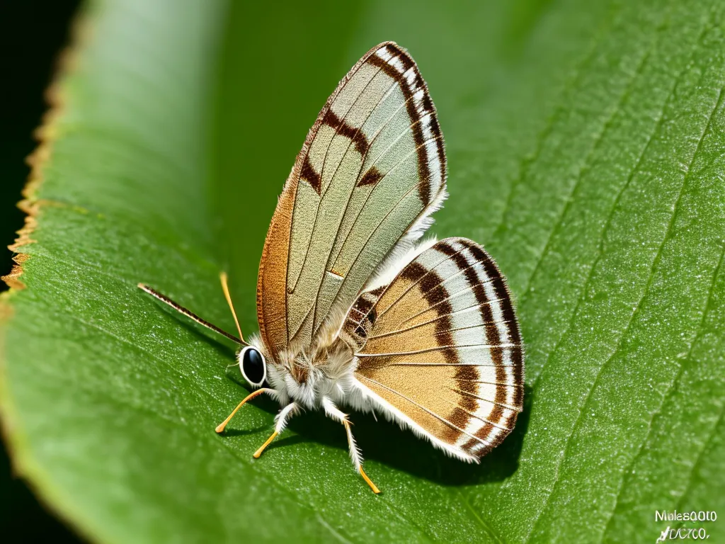 Uma borboleta de cor marrom pálida com marcas brancas e marrons em suas asas está pousada em uma grande folha verde. A borboleta está voltada para a esquerda da imagem e suas asas estão abertas. A folha tem bordas serrilhadas e está ligeiramente enrolada. O fundo é um borrão de folhas verdes.