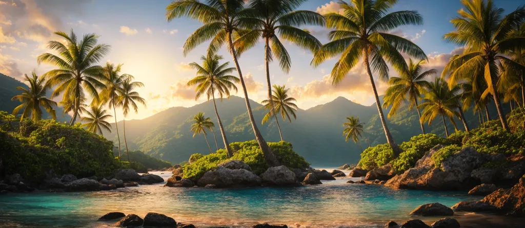 The image shows a tropical beach with palm trees, green vegetation, and a blue ocean. The sun is setting behind the mountains, casting a golden glow over the scene. The water is crystal clear and there are some rocks in the foreground. The beach is lined with palm trees, which provide shade and a place to relax. The vegetation is lush and green, and there are flowers of various colors. The mountains in the background are covered in mist. The sky is a gradient of orange and yellow, with some scattered clouds. The overall atmosphere of the image is one of peace and tranquility.