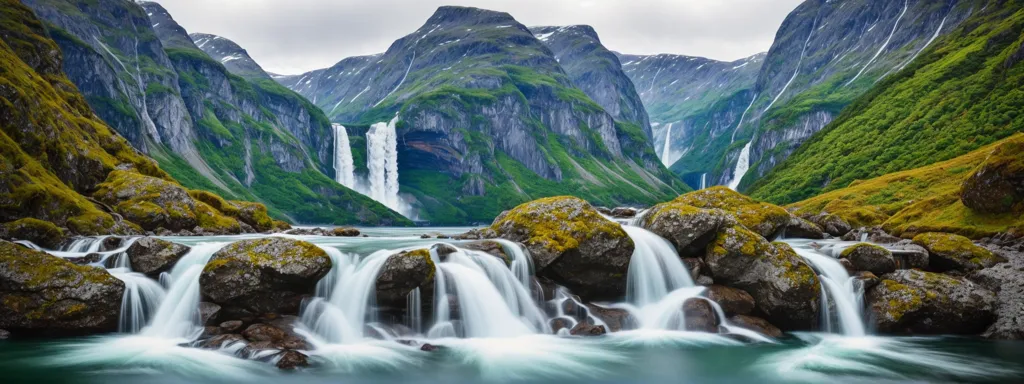 The image shows a beautiful landscape with a waterfall in the foreground and a mountain range in the background. The waterfall is surrounded by lush green vegetation and the mountains are covered in snow. The water in the foreground is a vibrant blue and the sky is a light grey. The overall effect is one of peace and tranquility.