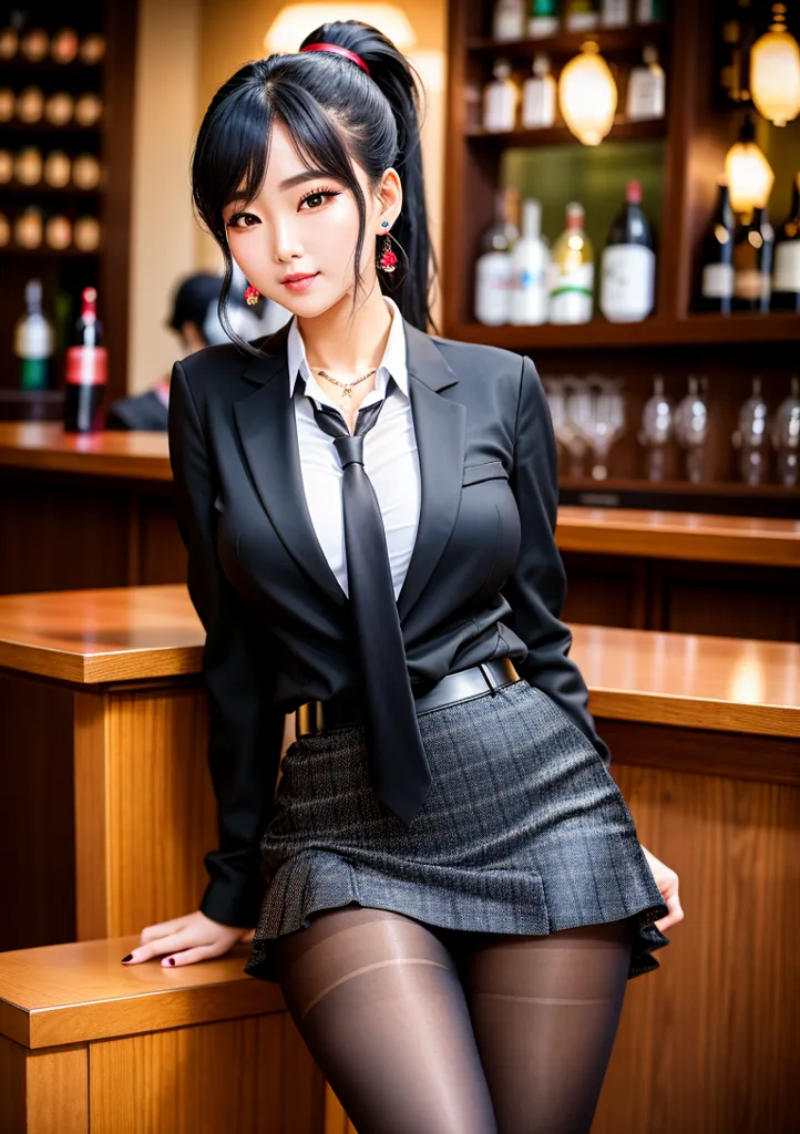 The image shows a young woman with long black hair and red highlights. She is wearing a black suit jacket, a white shirt, and a gray pleated skirt. She is also wearing a black tie and a pair of black pantyhose. She is standing in a bar, leaning against the bar counter. There are bottles of wine and glasses on the shelves behind her.