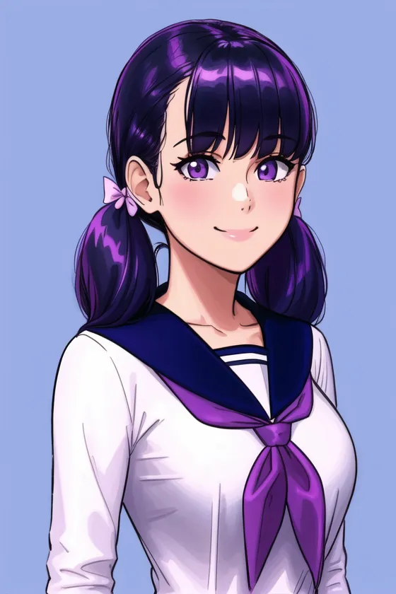 The image shows a young girl with purple hair and purple eyes. She is wearing a white and purple school uniform with a purple bow. She has a friendly smile on her face and is looking at the viewer. The background is a light blue color.