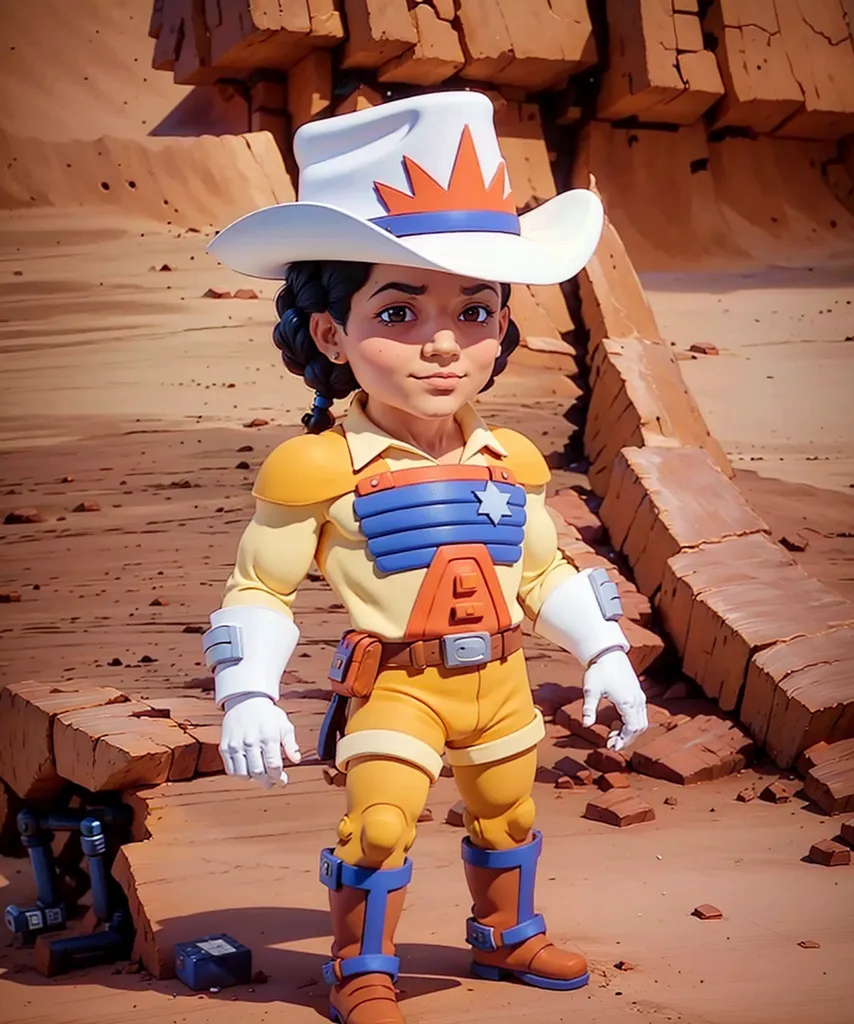 This image shows a young girl, with dark hair and brown eyes, wearing a white cowboy hat and a yellow and blue jumpsuit. She is standing in a rocky canyon, with large boulders and rock formations all around her. There is a large crack in the ground in front of her.