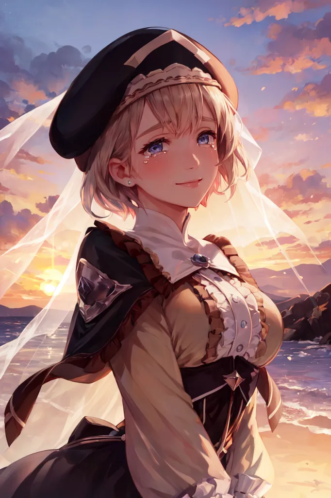 The image is a beautiful anime girl with short blonde hair and blue eyes. She is wearing a black hat with a white veil, a white and brown dress, and a brown cape. She is standing on a beach, with the ocean behind her and a rocky cliff to her right. The sun is setting, casting a warm glow over the scene. The girl is smiling, with tears in her eyes. She looks happy, but also sad. The image is full of emotion, and it is clear that the girl is experiencing a complex range of feelings.