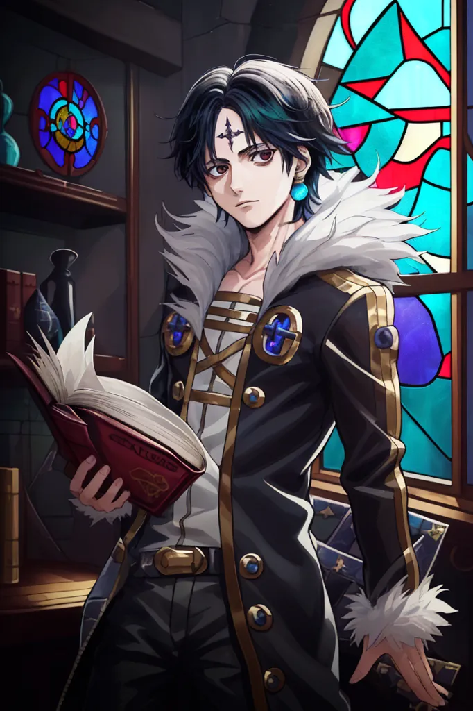 The image is of a young man with black and green hair, red eyes, and a beauty mark under his left eye. He is wearing a black jacket with gold trim and a white shirt with a black vest. He has a book in his left hand and is looking at the viewer with a serious expression. He is standing in a library, with a stained glass window behind him.