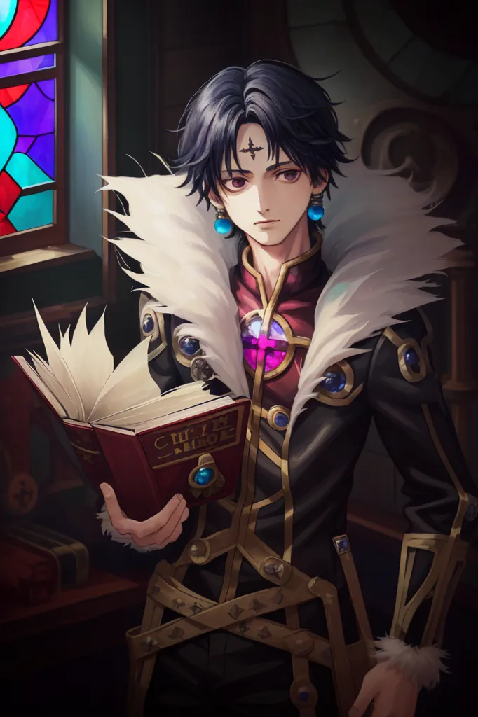 The image is of a young man with black hair and purple eyes. He is wearing a black suit with a white fur collar and a red and white cape. He is also wearing a pair of earrings and a necklace. He is standing in a library, surrounded by bookshelves. He is holding a book in his left hand. He has a serious expression on his face.