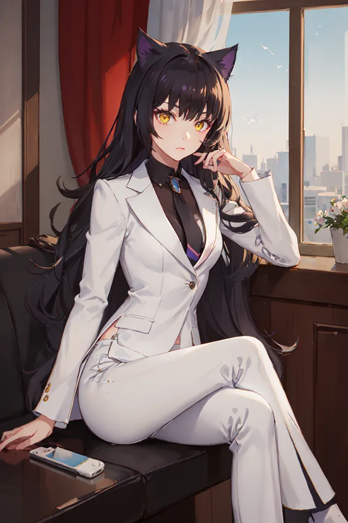 The image shows a young woman with black hair and yellow eyes. She is wearing a white suit and has cat ears. She is sitting in a chair and has one hand on her chin and the other holding a phone. There is a window in the background and a plant on the windowsill.