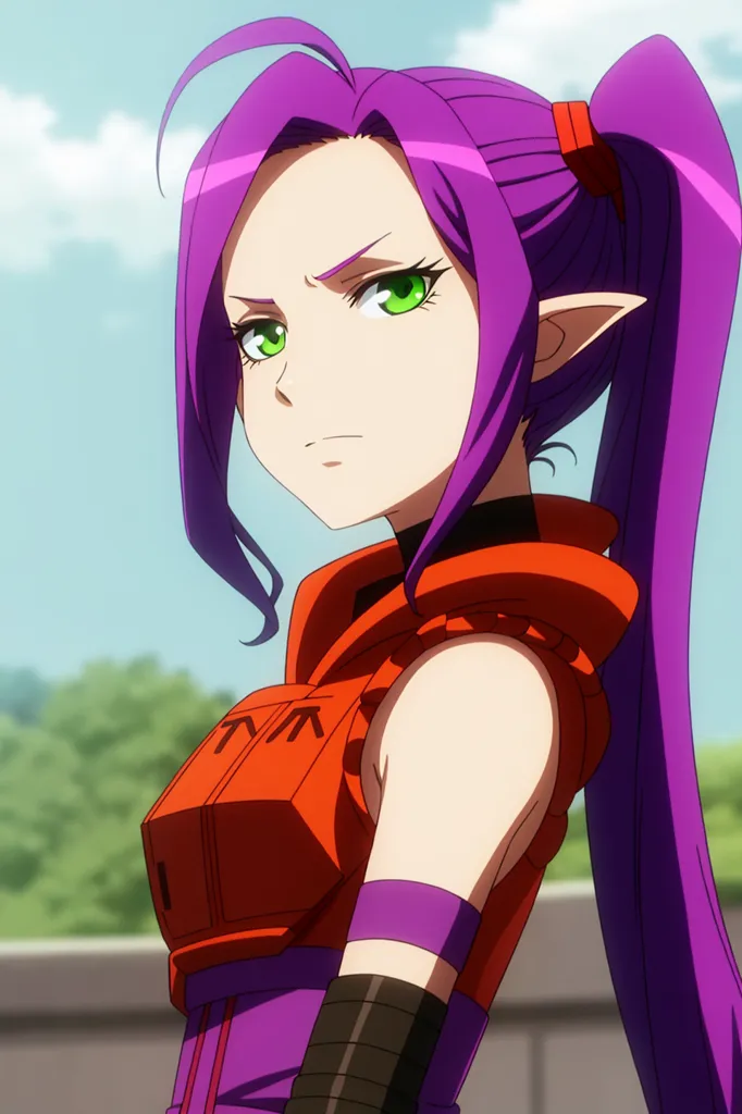 The image shows a young woman with purple hair and green eyes. She is wearing a purple and orange bodysuit with a high collar. The bodysuit has a white symbol on the chest. She is also wearing a brown belt and a purple armband on her left arm. She has a small brown bag hanging from her right hip. She has pointed ears and a serious expression on her face. She is standing in front of a blurred background with a hint of blue sky.