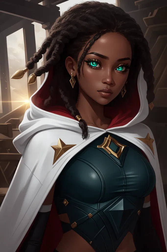 This is an image of a beautiful dark-skinned woman with green eyes. She is wearing a white and red hood and a green and brown outfit. She has gold earrings and a gold necklace. She is standing in front of a stone building.