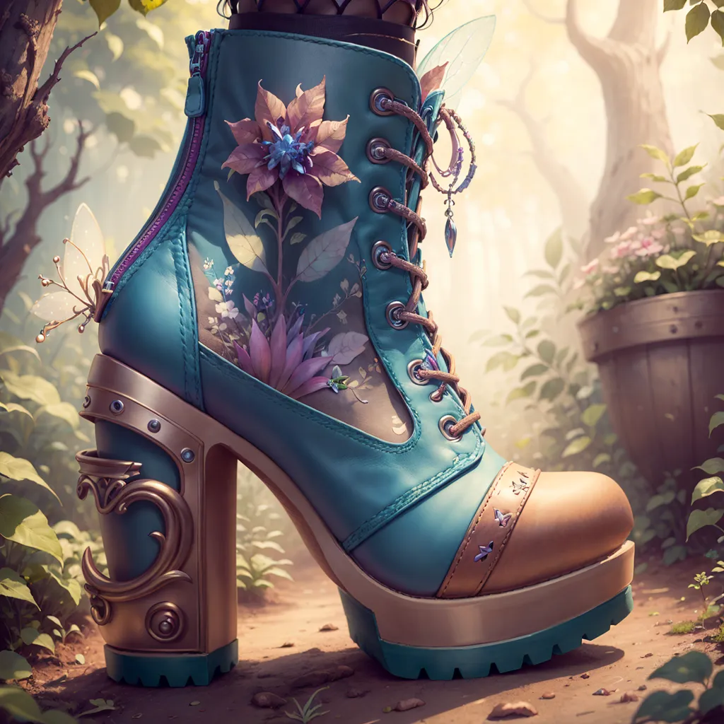 The image is a close-up of a woman's left boot. The boot is blue with brown sole and heel. The boot is decorated with various flowers and leaves and has a butterfly perched on the toe. The boot is also adorned with gold accents. The background of the image is blurred and shows a forest setting.