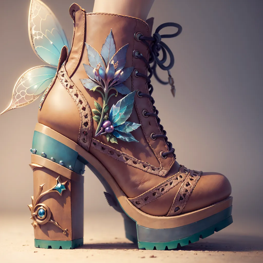 The image is a 3D rendering of a boot. The boot is made of brown leather and has a platform heel. The boot is decorated with blue and green flowers, leaves, and vines. There is a metal butterfly attached to the side of the boot. The boot is also decorated with gold accents.