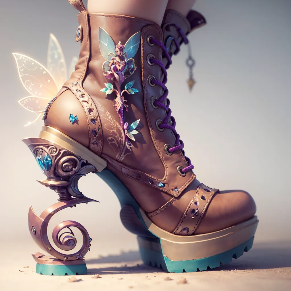 The image is a close-up of a person's foot wearing a boot. The boot is made of brown leather and has a steampunk design. It is decorated with metal buckles, gears, and a fairy. The boot has a high heel and a platform sole. The person is standing on a sandy surface.