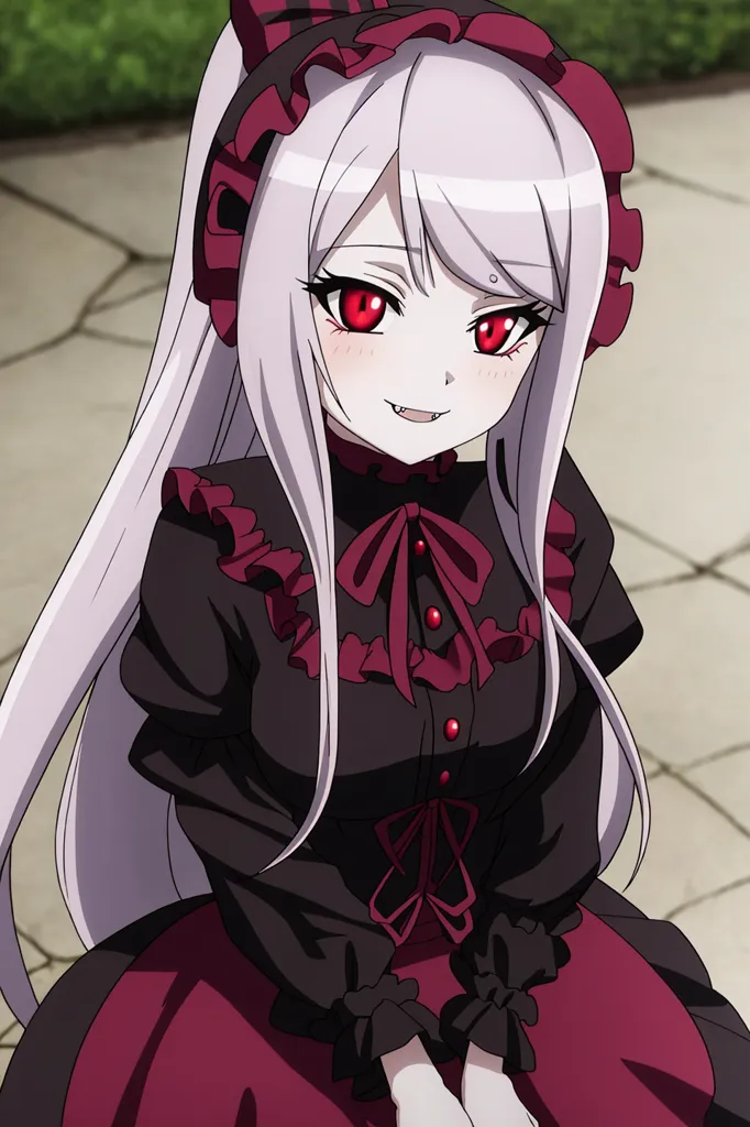 The image shows a young girl with long white hair and red eyes. She is wearing a black and red dress with a white collar. The girl has a small smile on her face and is looking at the viewer. She is sitting on a stone structure outdoors.