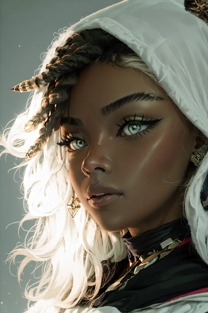 The image is a portrait of a young woman with dark brown skin and green eyes. She is wearing a white hood with a fur trim, and her hair is styled in two long braids that frame her face. The woman has a serious expression on her face, and her eyes are narrowed slightly. She is wearing a necklace with a pendant in the shape of a diamond, and there is a small stud earring in her left ear. The background of the image is a light gray, and the woman's face is illuminated by a soft light.