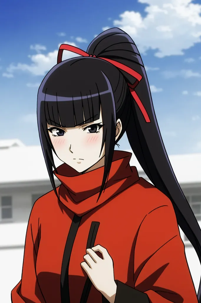 The image shows a young woman with long black hair tied in a ponytail with a red ribbon. She is wearing a red hoodie with a black turtleneck collar. The woman has a serious expression on her face and is looking to the right of the frame. She has a small blush on her cheeks. The background is a blue sky with white clouds.