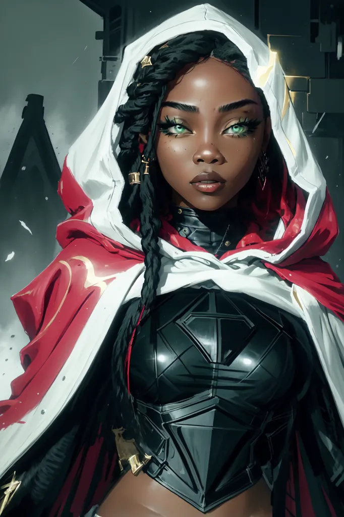 Ceci est une image d'une femme noire aux longs cheveux noirs et aux yeux verts. Elle porte une cape noire et rouge, et un gilet noir. La cape est blanche à l'intérieur et rouge à l'extérieur. Le gilet a des bordures dorées. Elle porte également un collier en or. Elle se tient devant un fond gris foncé.