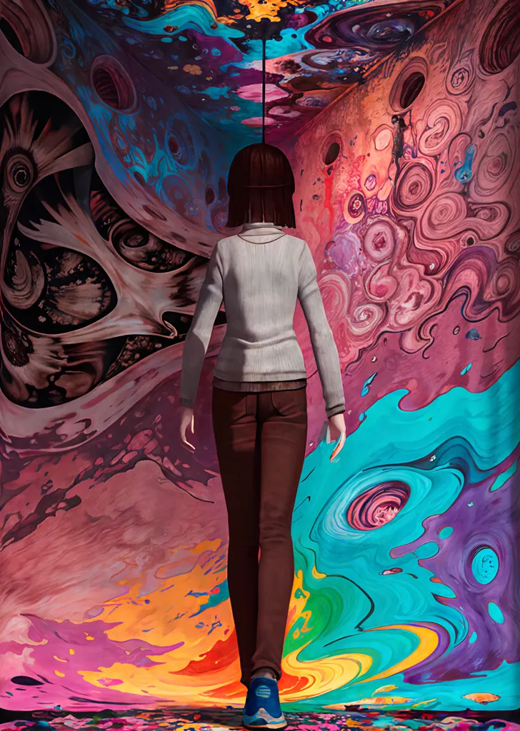 This is a picture of a girl with shoulder-length dark brown hair wearing a white turtleneck blouse and brown pants. She is standing in a colorful, psychedelic room. The walls and floor are covered in bright colors and strange patterns. The girl is looking down at the ground as she walks. She is wearing white socks and blue sneakers.