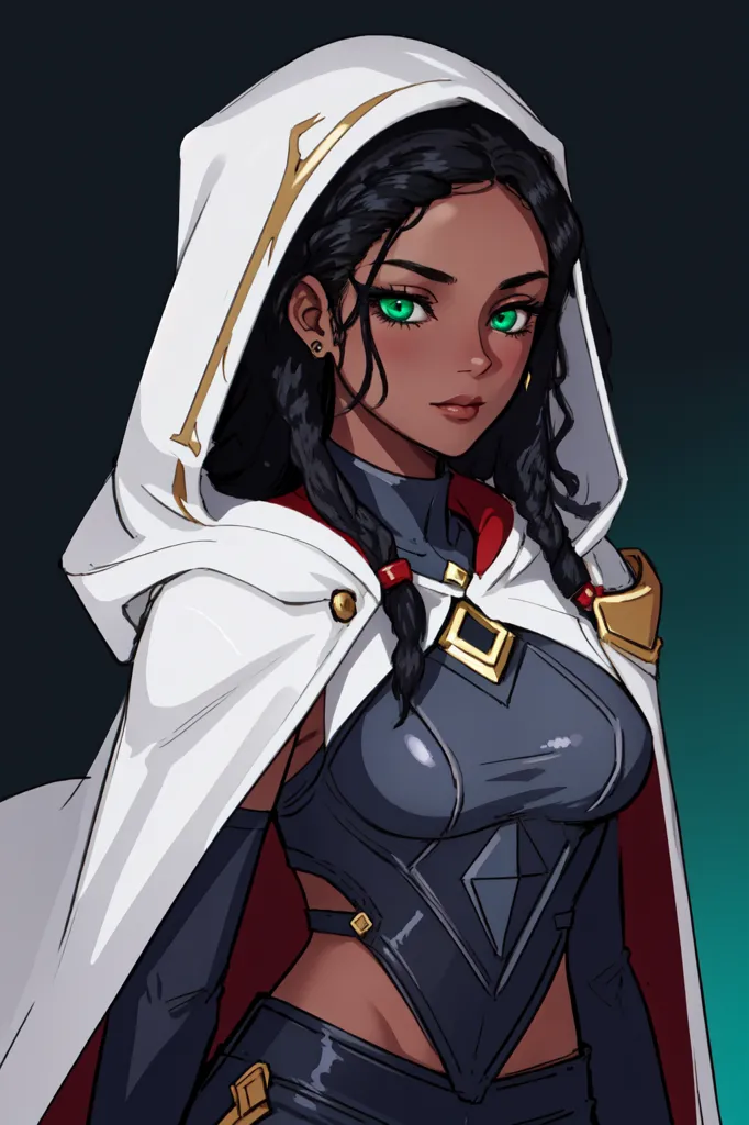 This is an image of a young woman with green eyes and black hair. She is wearing a white and red hood and a black bodysuit. The woman is standing with her arms crossed and has a confident expression on her face. She has a golden earring in her left ear and a golden necklace around her neck.