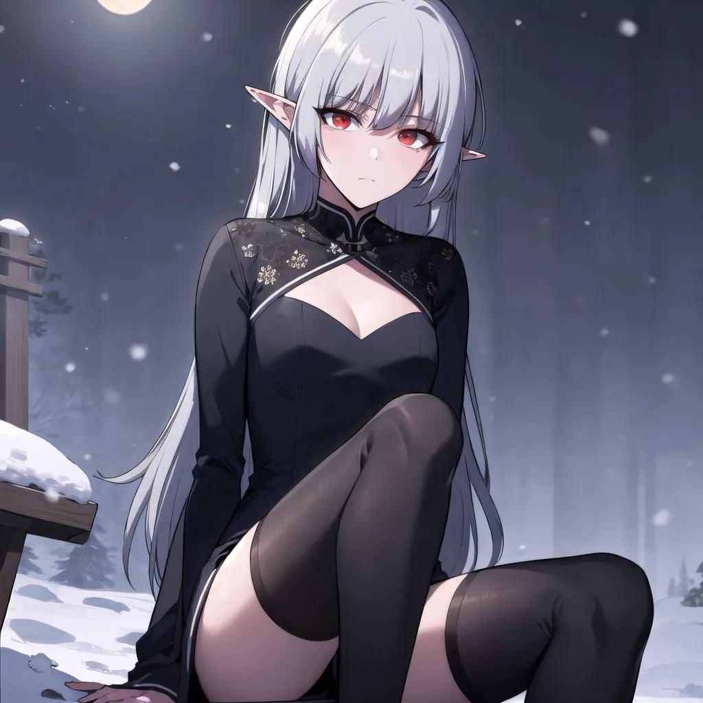 The image is of a beautiful elf woman with long white hair and red eyes. She is wearing a black cheongsam with a high collar and a slit up the side of her leg. She is sitting on a bench in a snowy forest, with a full moon in the background.