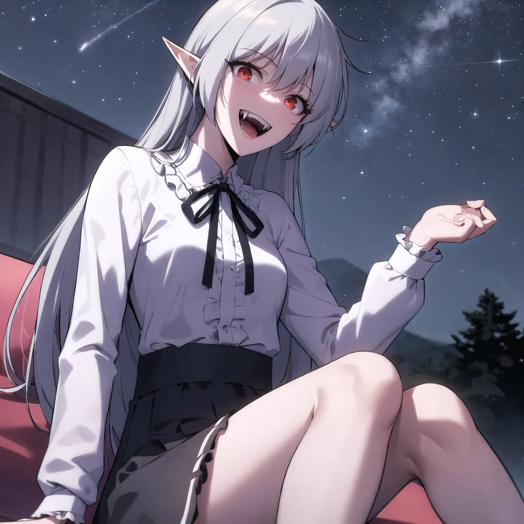 The image is of a beautiful anime girl with long white hair, red eyes, and pointy ears. She is wearing a white blouse with a black bow and a black skirt. She is sitting on a red cushion under a night sky with many stars. She has a happy expression on her face and is smiling with her sharp teeth showing.