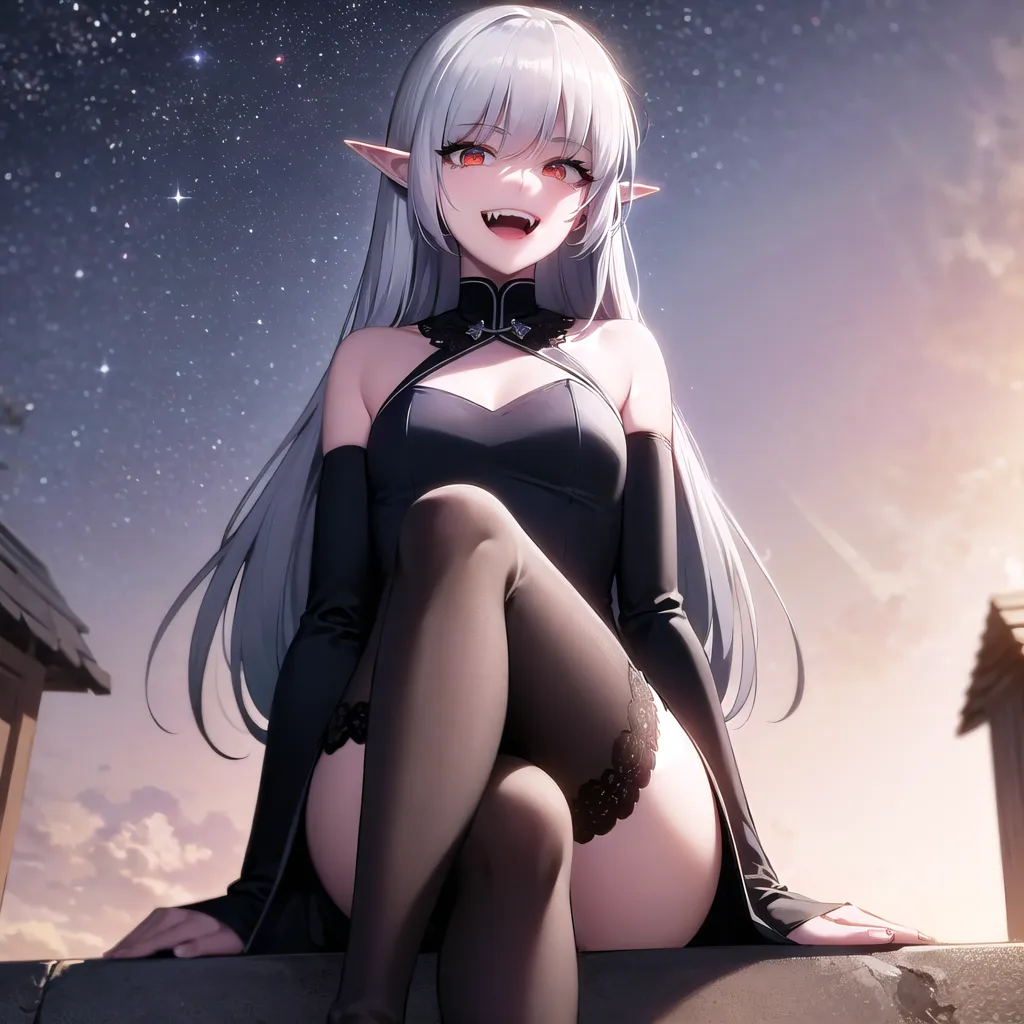 The image is of a beautiful anime-style vampire girl with long silver hair and red eyes. She is wearing a black dress with a high collar and a slit at the side, and she is sitting on a rooftop with her legs crossed. She has a sly expression on her face and is looking at the viewer with one eye closed. The background is a night sky with stars and clouds.