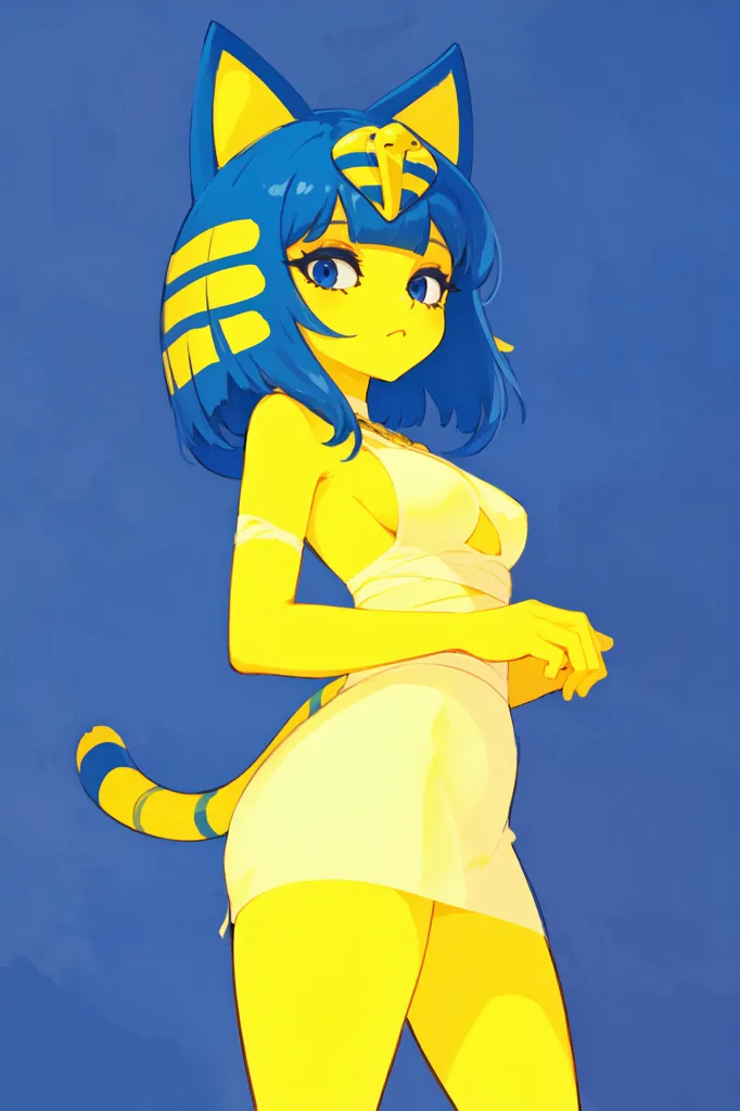 The image is an illustration of a character from the Animal Crossing video game series. The character is Ankha, a cat villager who first appeared in Animal Crossing: New Leaf. She is depicted as a young woman with blue hair and yellow skin, wearing a white dress with a yellow sash. She has a cat tail and ears, and her right eye is covered by a golden eye patch. She is standing in a seductive pose, with her left hand on her hip and her right hand resting on her chest. The background is a solid blue color.