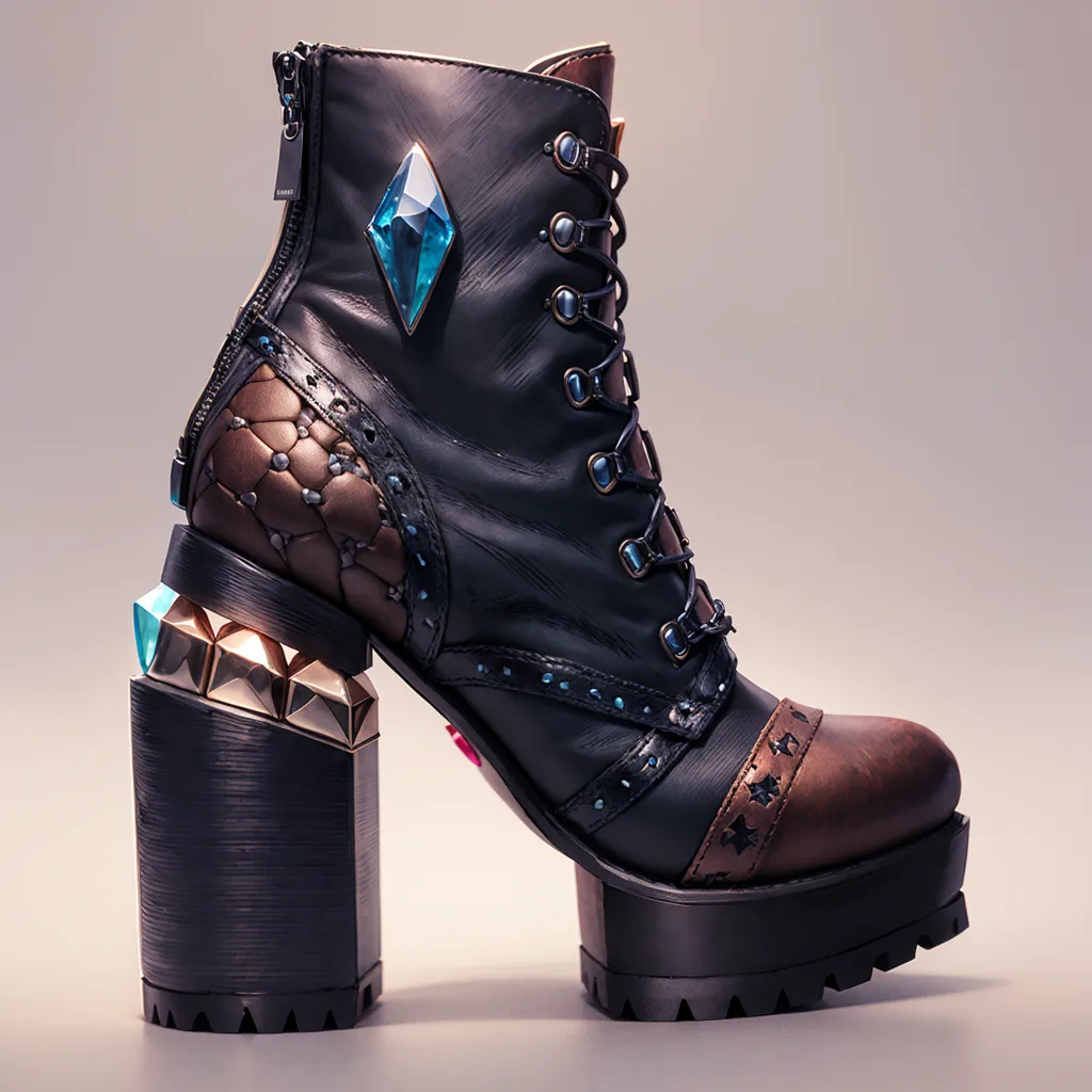 A imagem mostra uma bota de couro preto e marrom com um salto alto. A bota é decorada com cristais azuis e marrons e possui um zíper no lado. O salto é feito de metal e tem um design único. A bota também é decorada com tachas de metal.