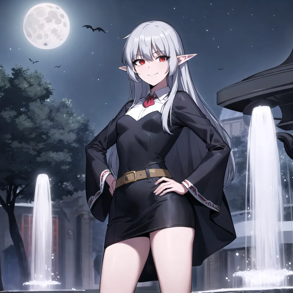 The image is of a beautiful young woman with long silver hair and red eyes. She is wearing a black dress with a white collar and a red belt. She is standing in front of a fountain, and there is a full moon in the background. The woman is smiling and has her hands on her hips. She is an elf with pointy ears.