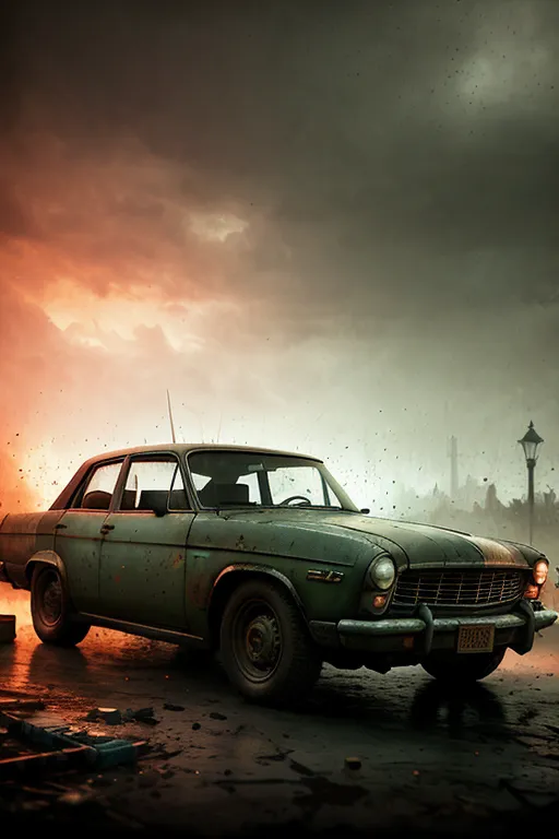 The image shows an old, rusty green car parked on a city street. The car is covered in dust and debris, and the paint is peeling. The street is littered with debris, and the street lights are broken. The sky is dark and cloudy, and there is a sense of foreboding in the air.