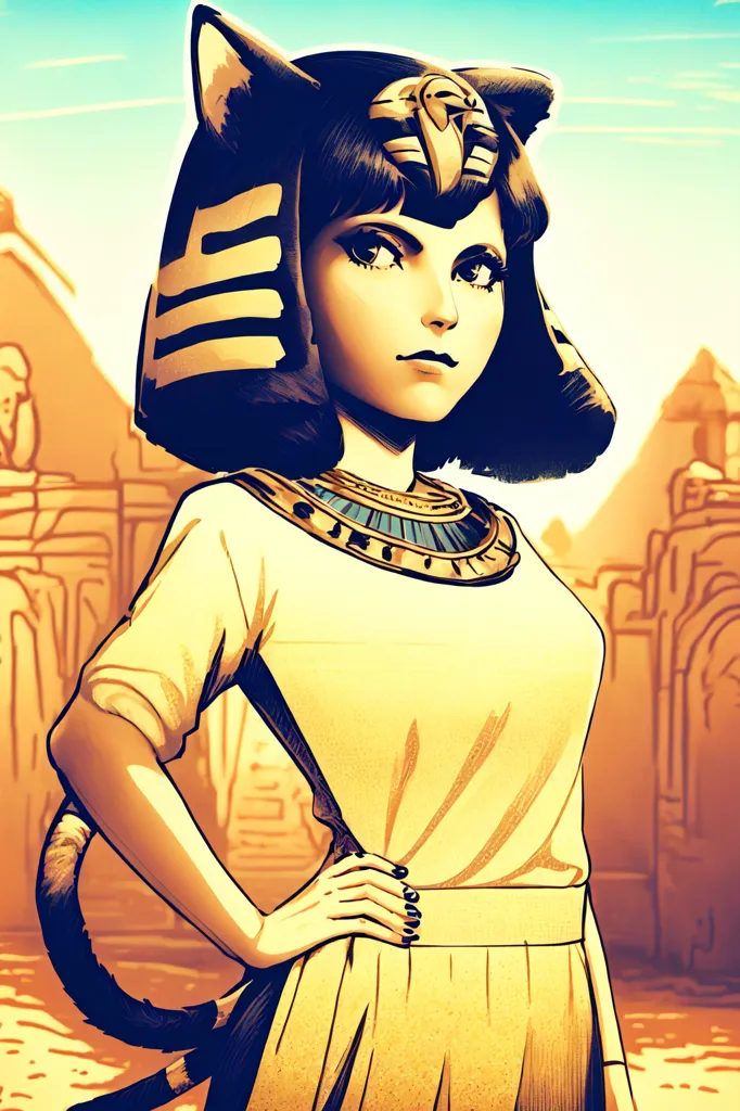 This image shows a young woman, with cat ears and a cat tail, dressed in an Egyptian-style outfit. She is wearing a white and gold dress with a gold necklace and a golden belt. She has a golden headdress with cat ears and a uraeus. She is standing in front of an Egyptian temple with a serious expression on her face.