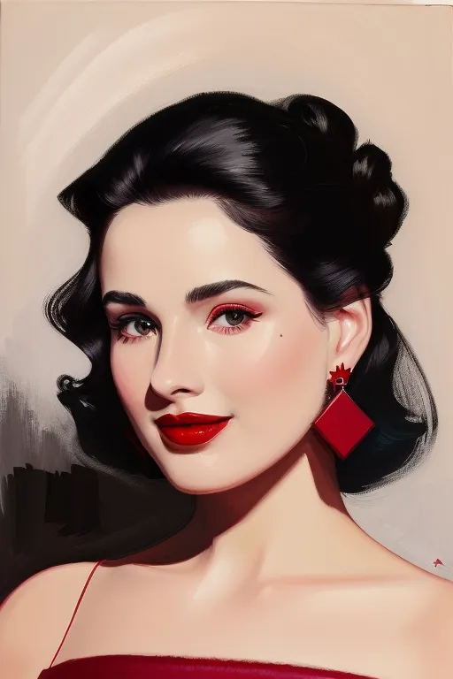 The image is a portrait of a young woman with dark hair and red lips. She is wearing a red dress and has a red diamond-shaped earring in her left ear. Her hair is styled in a vintage wave and she has a soft smile on her face. The background is a light pink color and the overall effect of the image is one of glamour and sophistication.