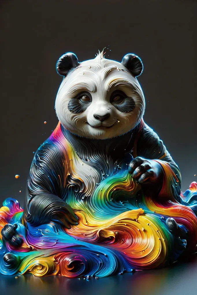 The image is a 3D rendering of a panda. The panda is sitting on a rainbow-colored liquid. The panda is black and white with rainbow-colored eyes. The liquid is made up of many different colors, including red, orange, yellow, green, blue, and purple. The panda is smiling and looks happy. The background is a dark color.