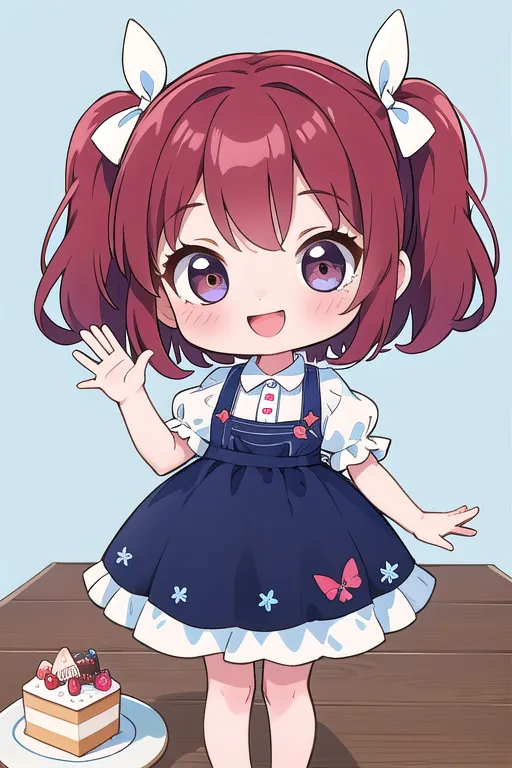 The image shows a cute anime girl with red hair and purple eyes. She is wearing a blue dress with a white collar and has a big smile on her face. She is standing in front of a table with a cake on it. The girl is waving her hand and seems to be very happy.