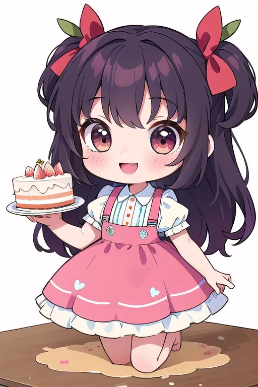 The image shows a cute anime girl with purple hair and pink eyes. She is wearing a pink dress with a white collar and has two red bows in her hair. She is kneeling on the ground and holding a strawberry cake. The girl has a happy expression on her face and seems to be enjoying the cake. The background is white, and there is a pink heart-shaped rug under the girl.