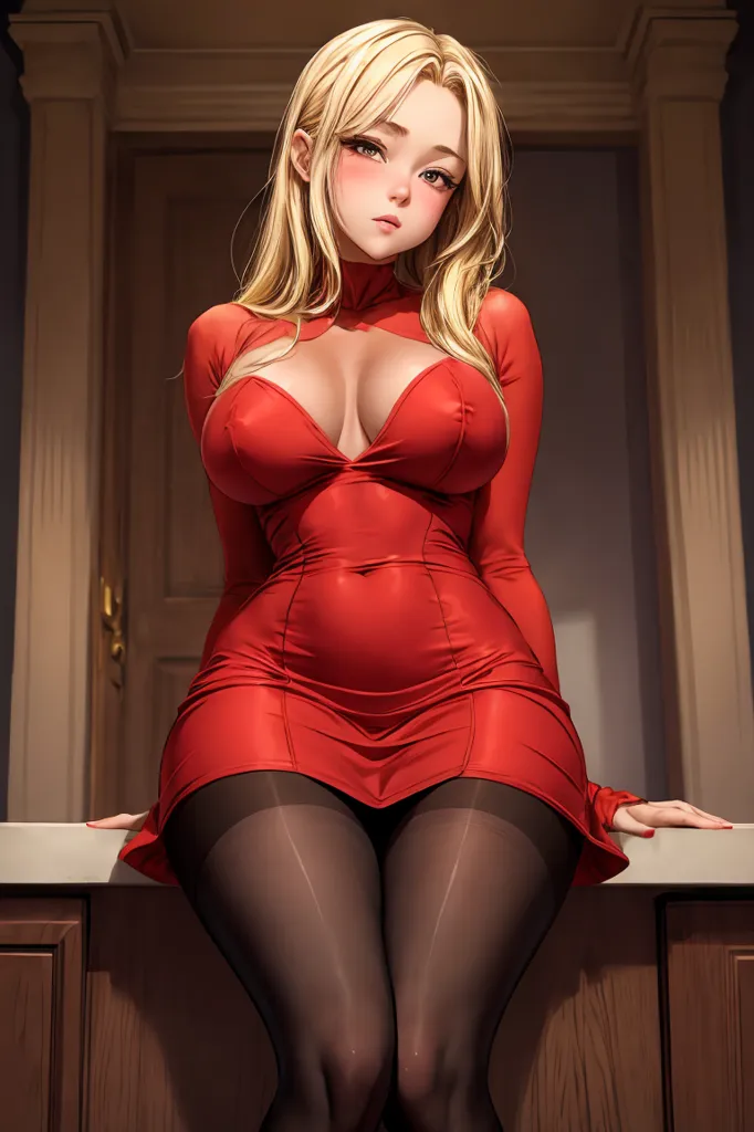 The image is a digital painting of a beautiful woman with long blonde hair and blue eyes. She is wearing a tight red dress with a high collar and long sleeves. The dress is cut low in the front, showing off her cleavage. She is also wearing black stockings and high heels. She is sitting on a bar stool with her legs crossed and is looking at the viewer with a seductive expression on her face.