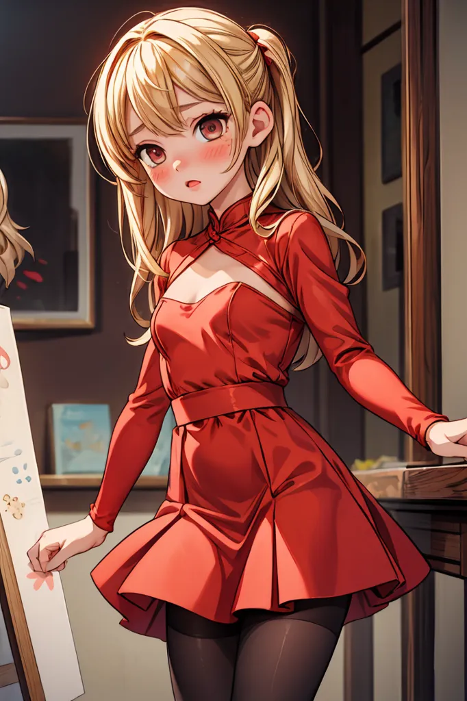 The image depicts a young woman with long blonde hair and red eyes. She is wearing a red旗袍, a traditional Chinese dress. The woman is standing in a room with a wooden table and a painting on the wall.