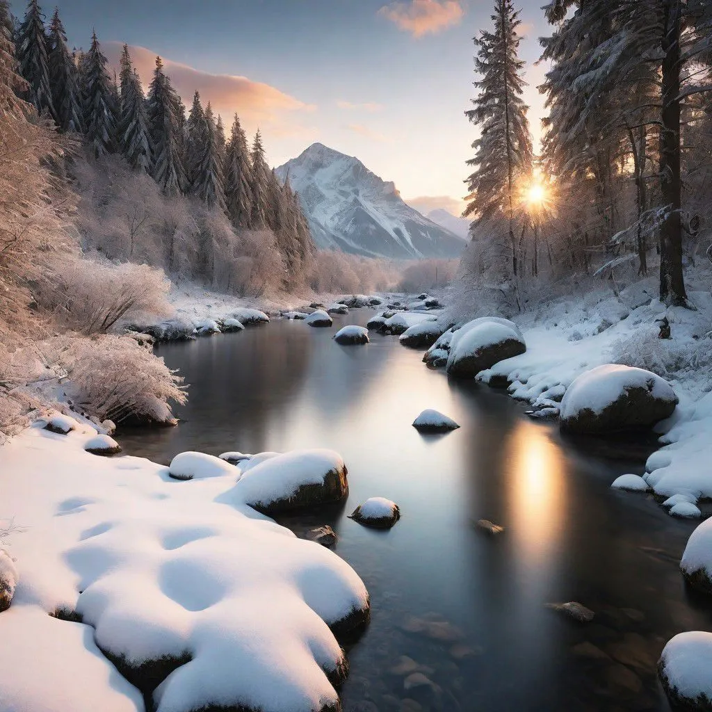 The image shows a beautiful winter landscape. A river flows through a snowy forest. The trees are covered in snow and the ground is blanketed in white. The sun is shining through the trees, creating a beautiful scene. The sky is clear and blue, with a few clouds dotting the horizon. The only sound is the gentle潺 of the river. It is a peaceful and serene scene.